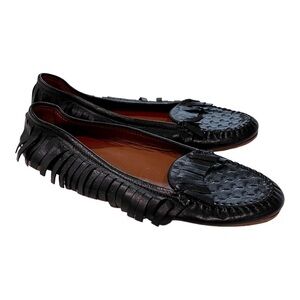 Tomas Maier Italian Leather Black Palm Tree Embossed Fringe Loafers Size 6.5
